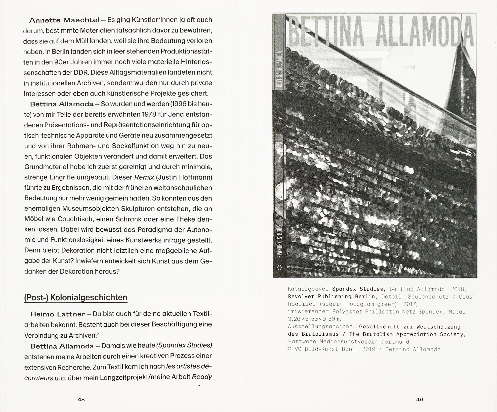 Book spread with white background, the left page covered in sans serif black text, the left page covered in a black and white picture titled Bettina Allamoda.