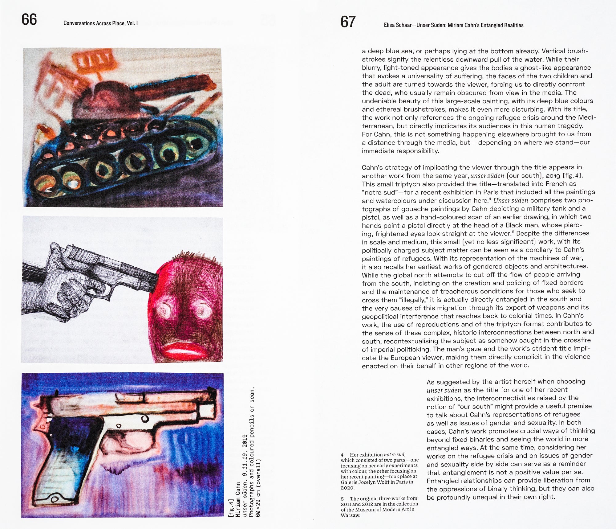 Book spread with white background, the left page holds three colour drawing images, one of an abstract tank, one of a gun being held to a red figurative head, and one depicting a hand gun. The right page contains one column of sans serif text in black spanning all over the page.