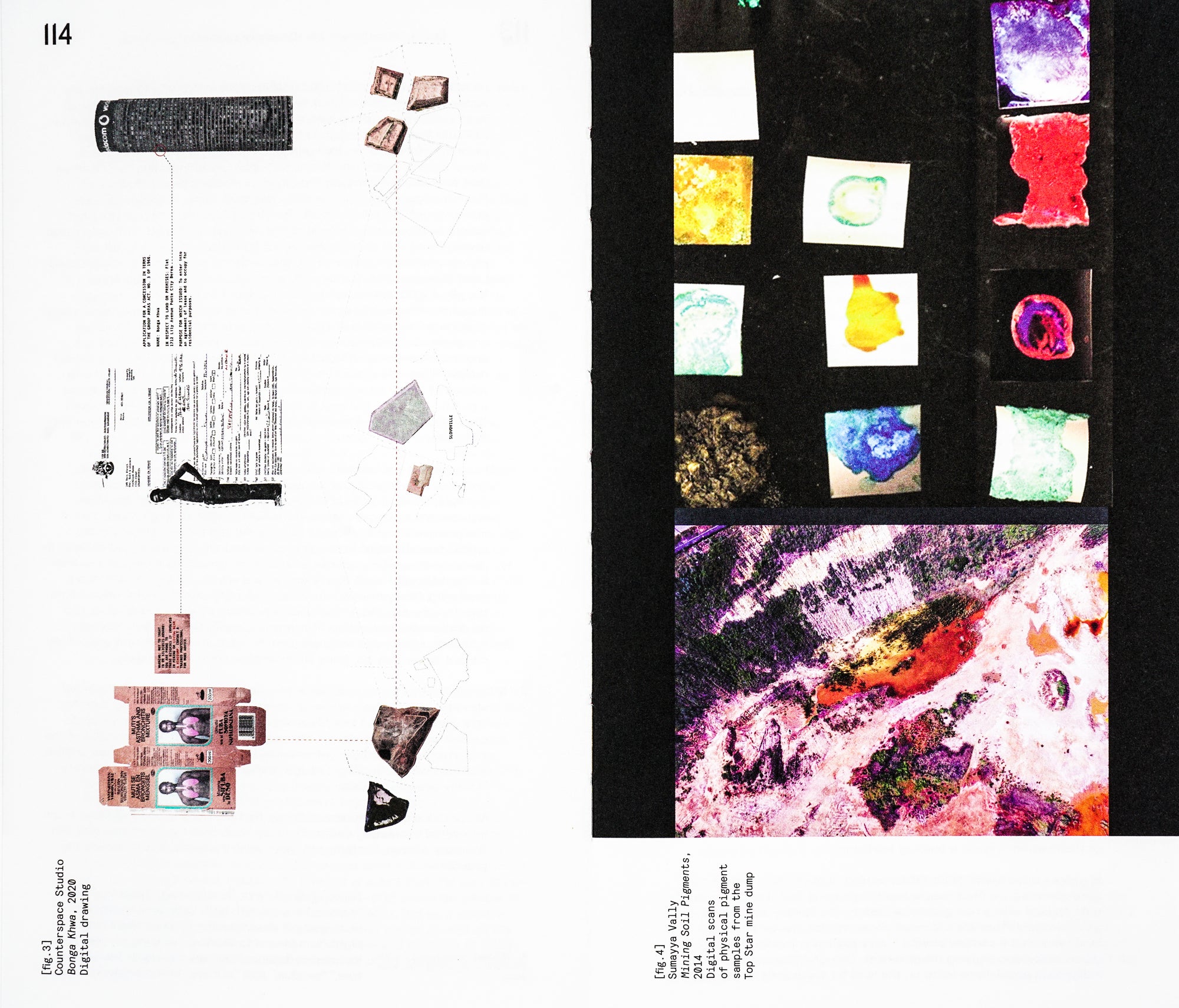 Book spread with white left page with interspersed elements of images and text. The right page has a dark background and small colourful abstract images scattered all over it. 