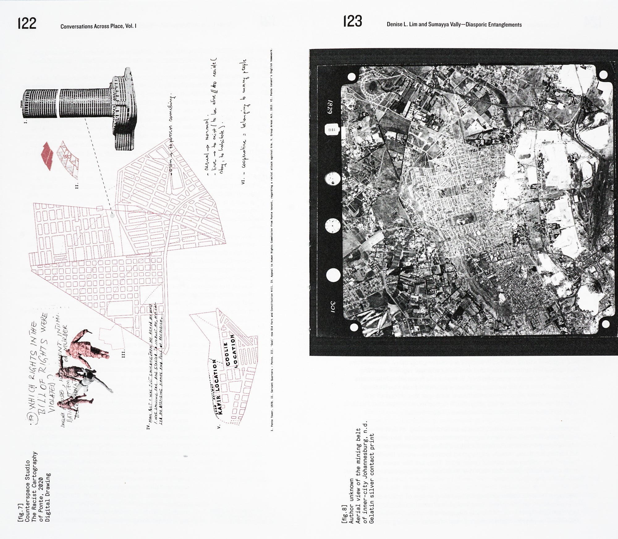 Book spread with white background, on the left page are abstract drawings and diagrams, the right page has a black and white aerial view of Johannesburg City.