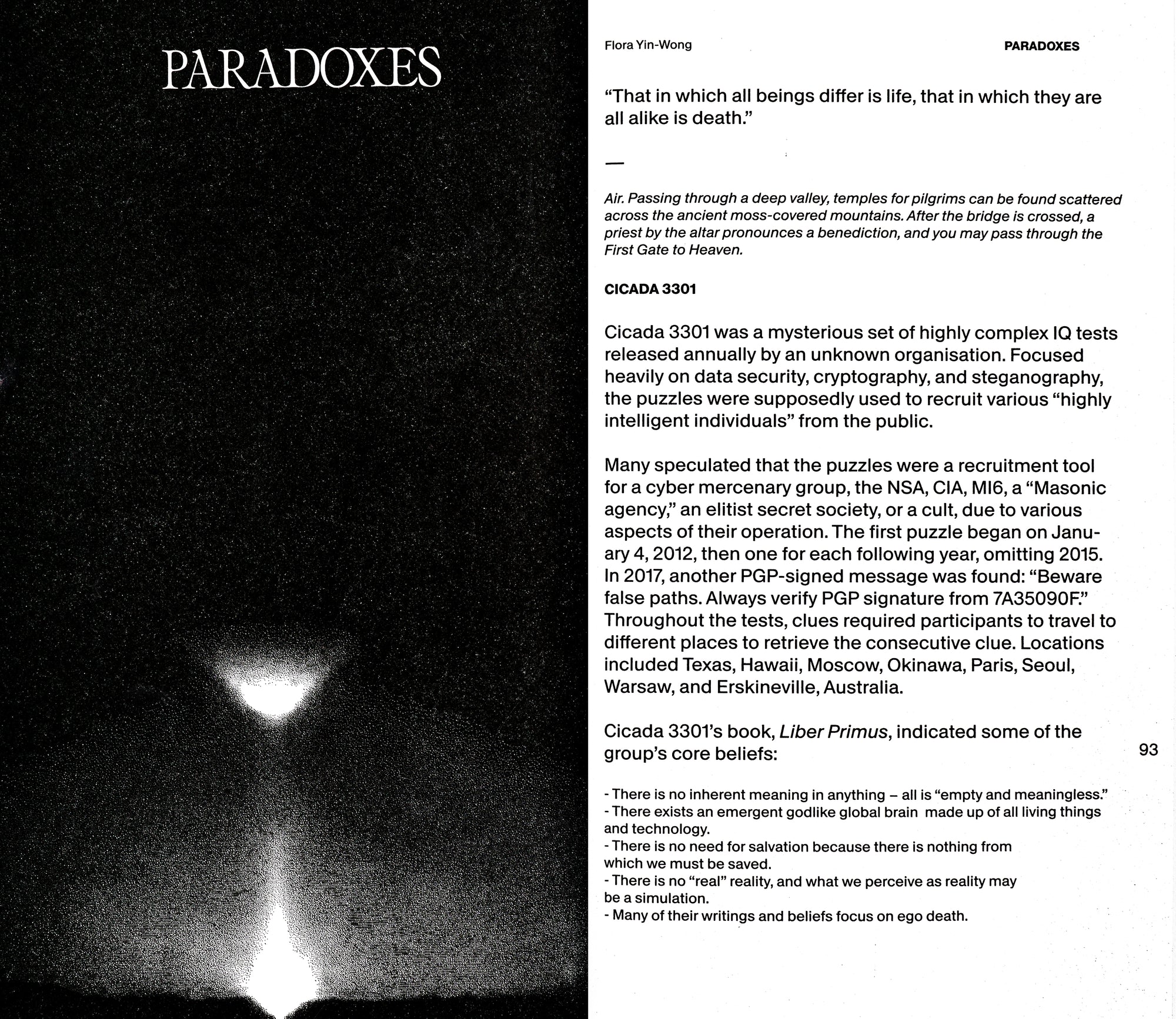 Book spread in black and white. The left page has the title Paradoxes written in white serif writing and a grainy image of abstract light cones below it on the lower third of the page. The right page is monochrome white with black sans serif writing. 
