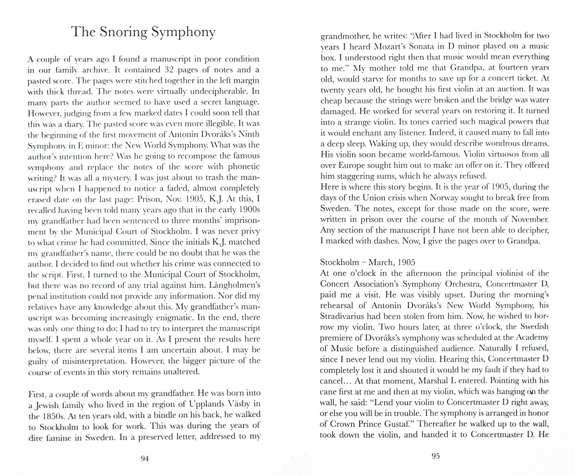 Book spread with white background and two columns of text on each side in black serif writing. The column on the left page is titled The Snoring Symphony in black serif on top of the page. 