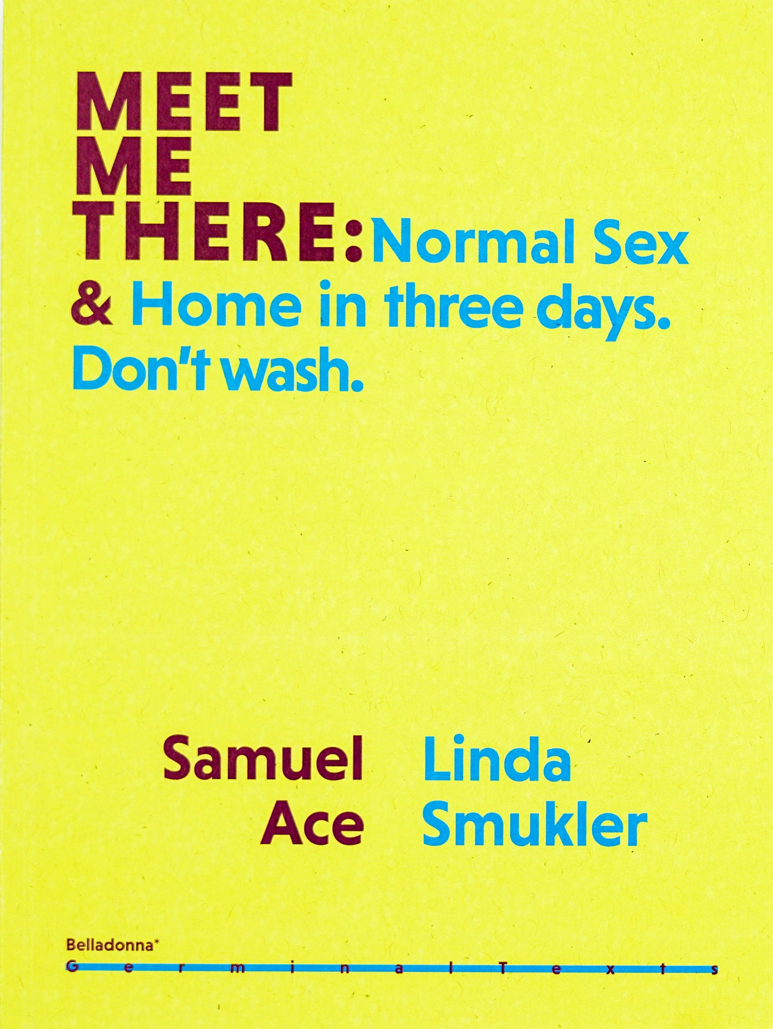Book Cover in washed out yellow with the title in the upper third of the page. One half of the title “Meet Me There:“ is written in bold dark red sans serif, the other half “Normal Sex & Home in three days. Don’t wash.“ is written in light blue. The authors are written on the lower third of the page, Samuel Ace in sans serif dark red and Linda Smukler in light blue sans serif. 