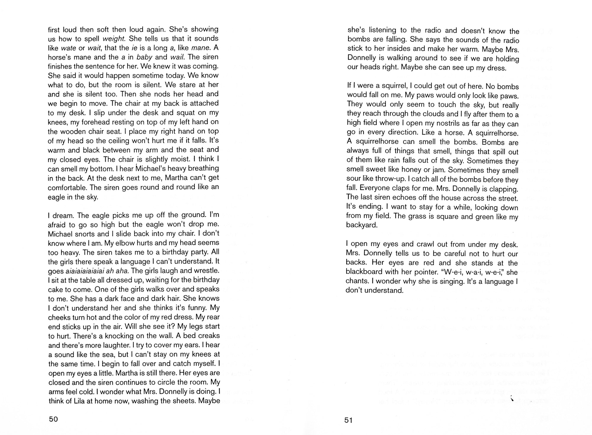 Book spread with white background and one column of text in black sans serif on each page.
