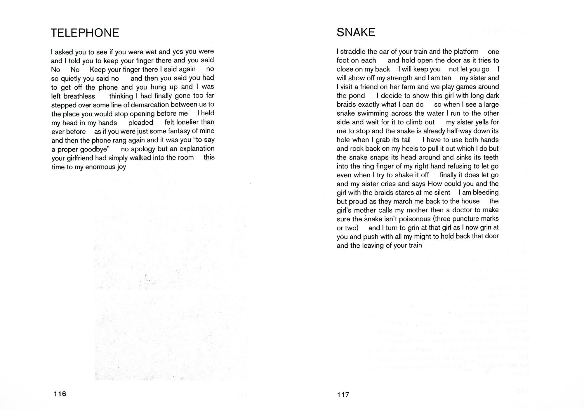 Book spread with white background and a short column of text in black sans serif on each page. The column on the left page is titled TELEPHONE, the column on the right SNAKE.
