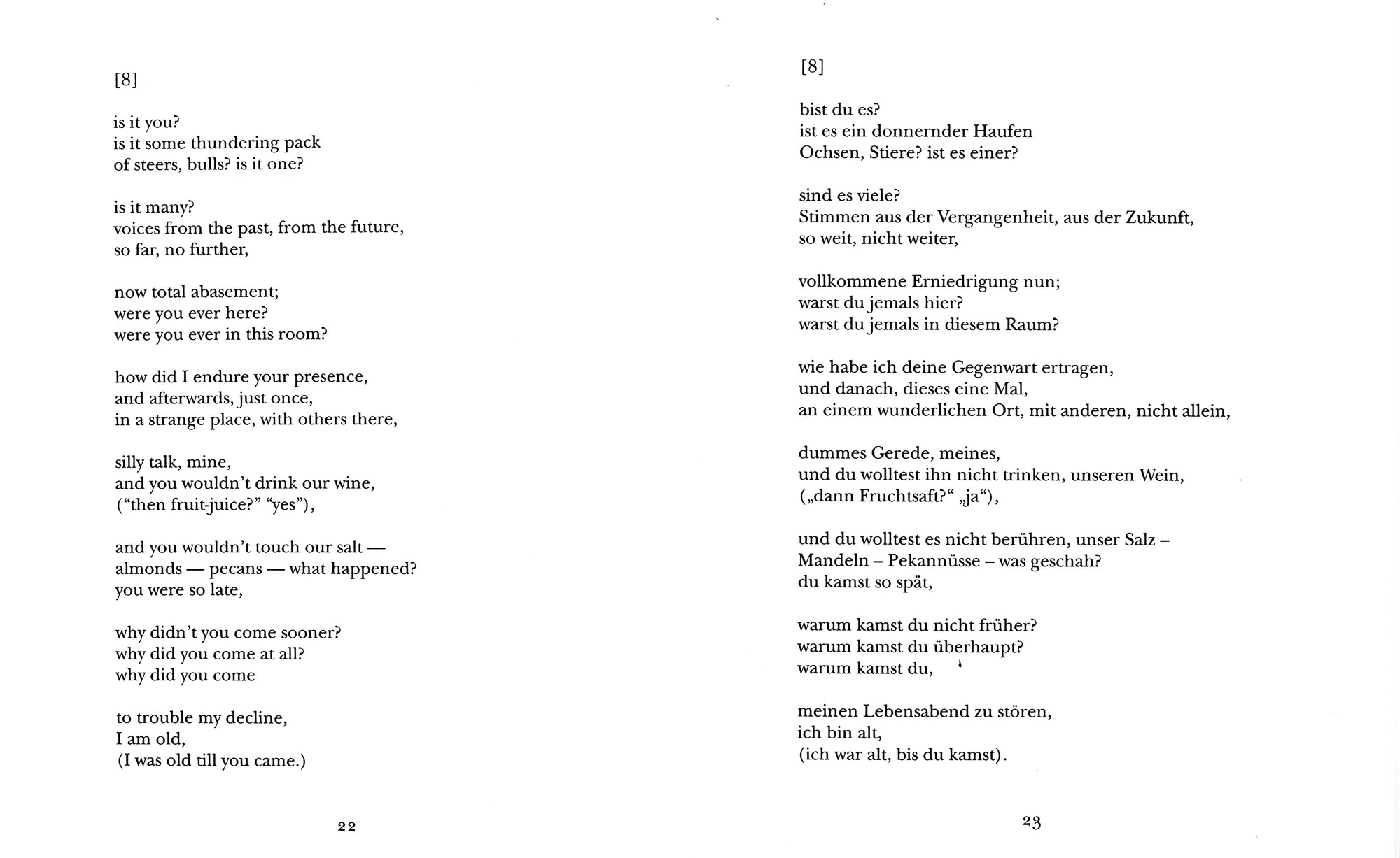 Book spread with white background and two fragmented columns of text on each page, both entitled [8].