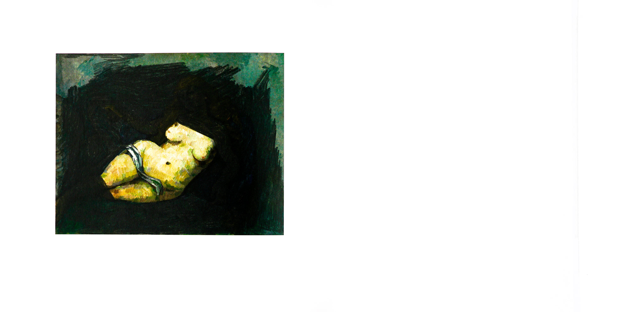 Book spread with white background and empty right page. Central on the left page is a painting of a female torso, covered in the middle, most limbs and head enwrapped in dark background.