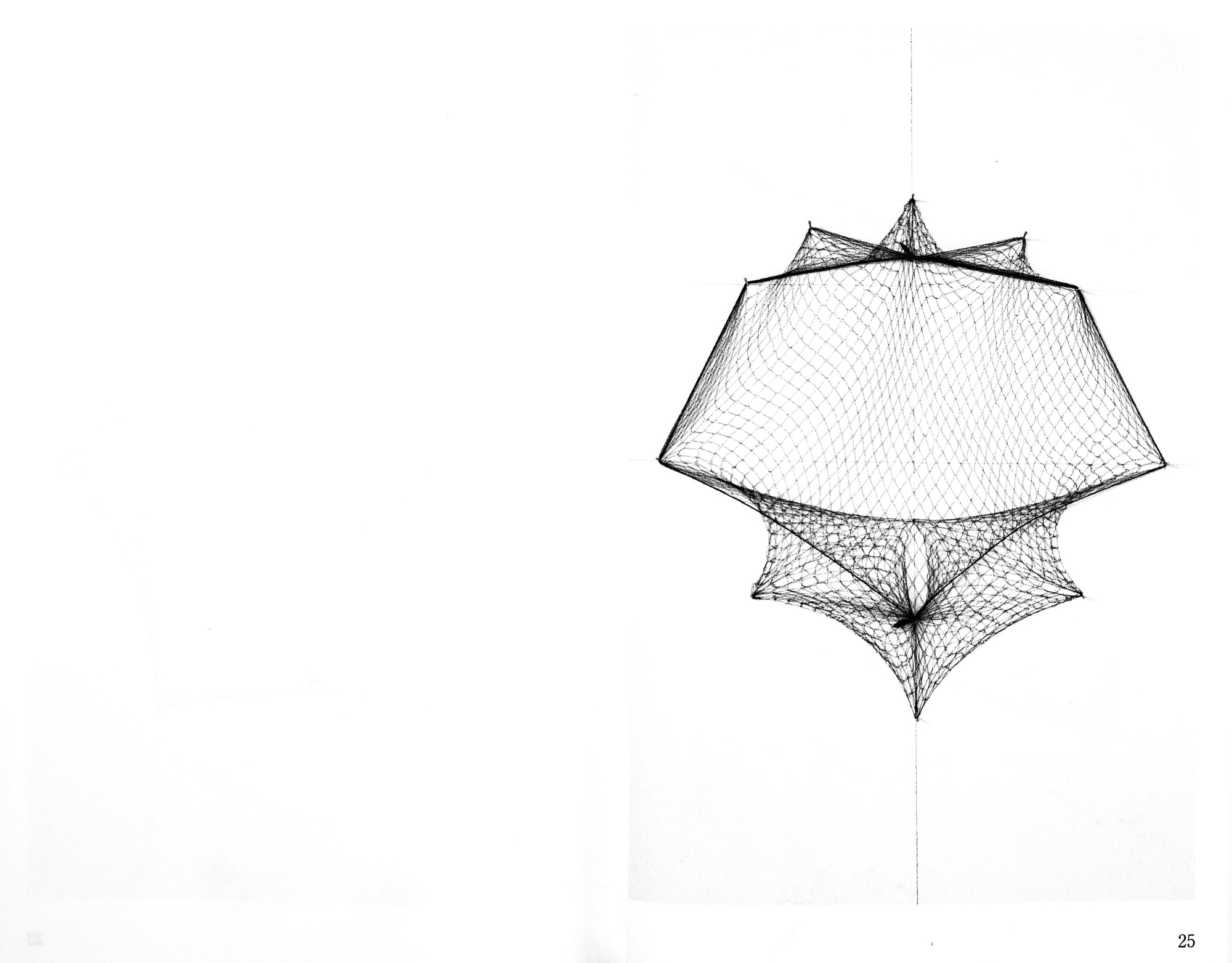 Book spread in monochrome white with blank left page. Central on the right page is the black and white depiction of a hair net stretched into the shape of an octagon.