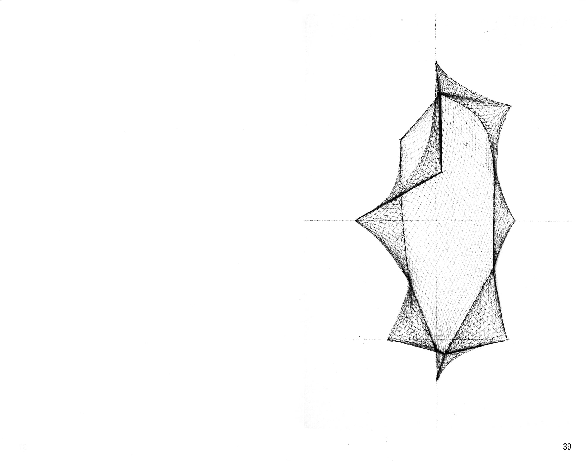 Book spread in monochrome white with blank left page. Central on the right page is the black and white depiction of a hair net stretched into the shape of an octagon.