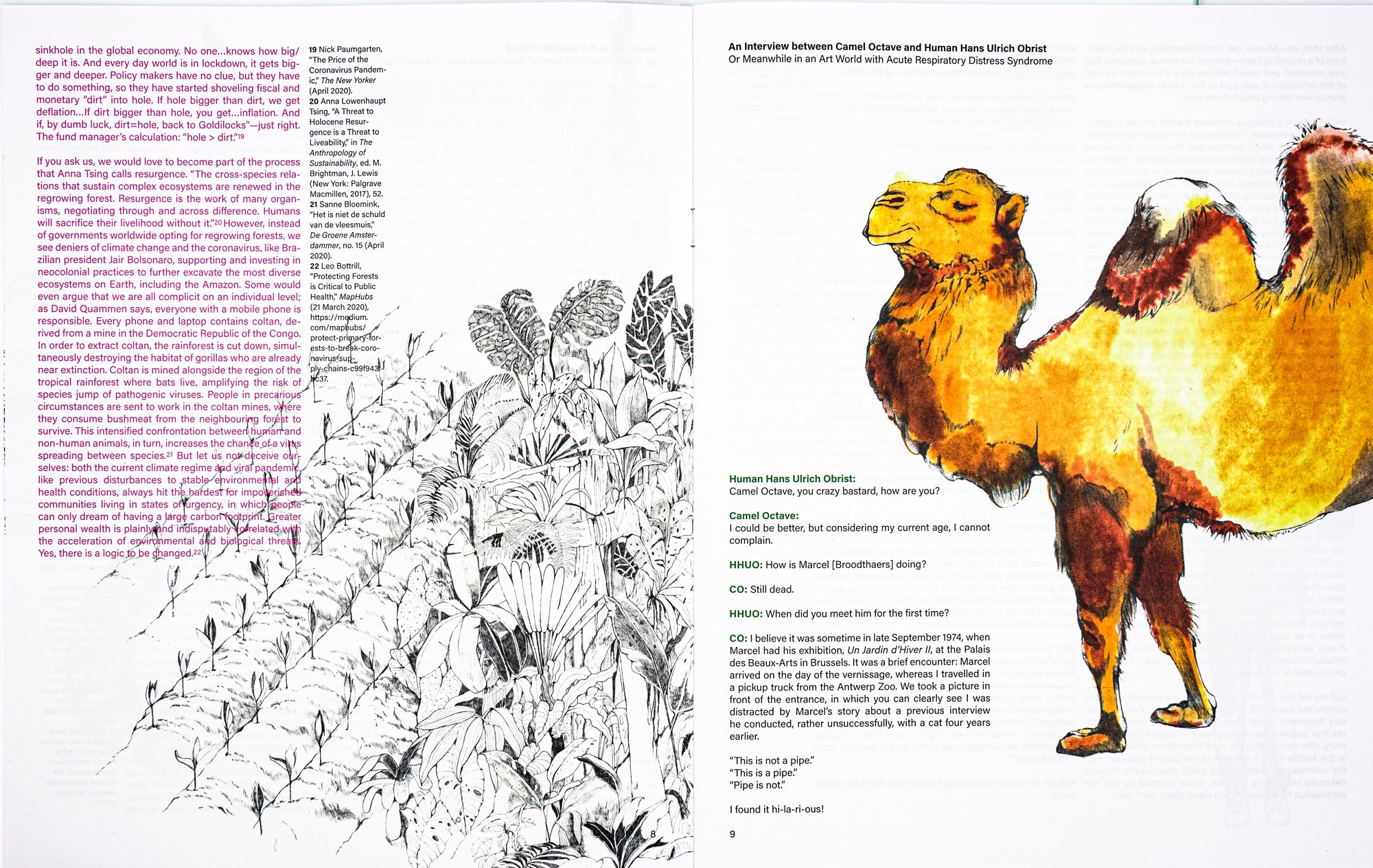 Book spread with white background and two columns of sans serif text on the left side, the wider column in light purple and the slimmer column next to it in black. The column is half covered in a delicate drawing of plants that stretches into the right lower corner of the page. The right page has the title An Interview between Camel Octave and Human Hans Ulrich Obrist in black sans serif and a few text credits on the left side of the page. Central is a large coloured drawing of a camel.