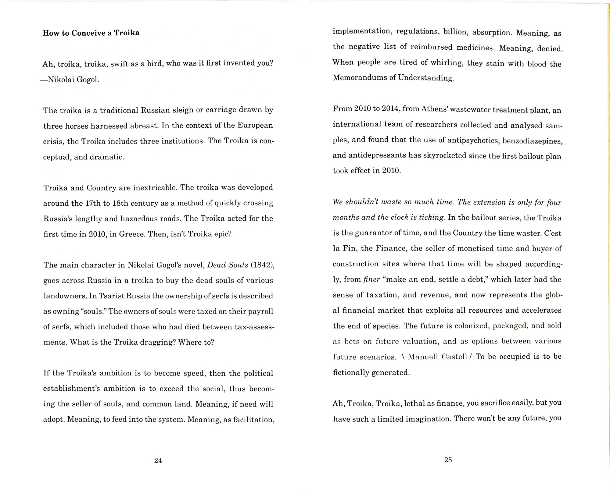 Book spread with white background and a wide spaced column of text in black serif on each page. The left page has the title How to Conceive a Troika.