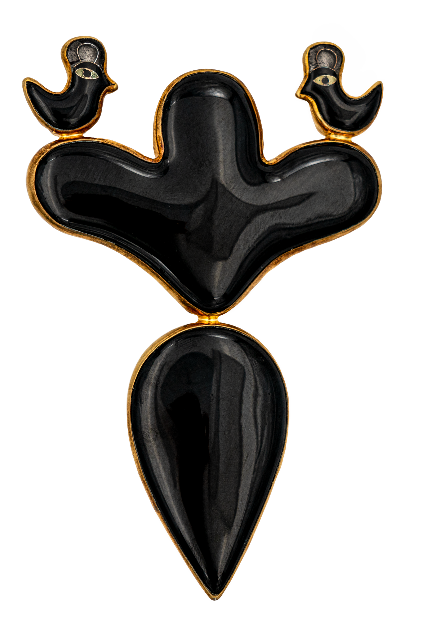 Black broach pendant done in the cloisonné enamelling technique in several parts: one abstract tree-like figure with two birds perched on each side and one tear drop shape all encased with fine gold metal.