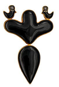 Black broach pendant done in the cloisonné enamelling technique in several parts: one abstract tree-like figure with two birds perched on each side and one tear drop shape all encased with fine gold metal.