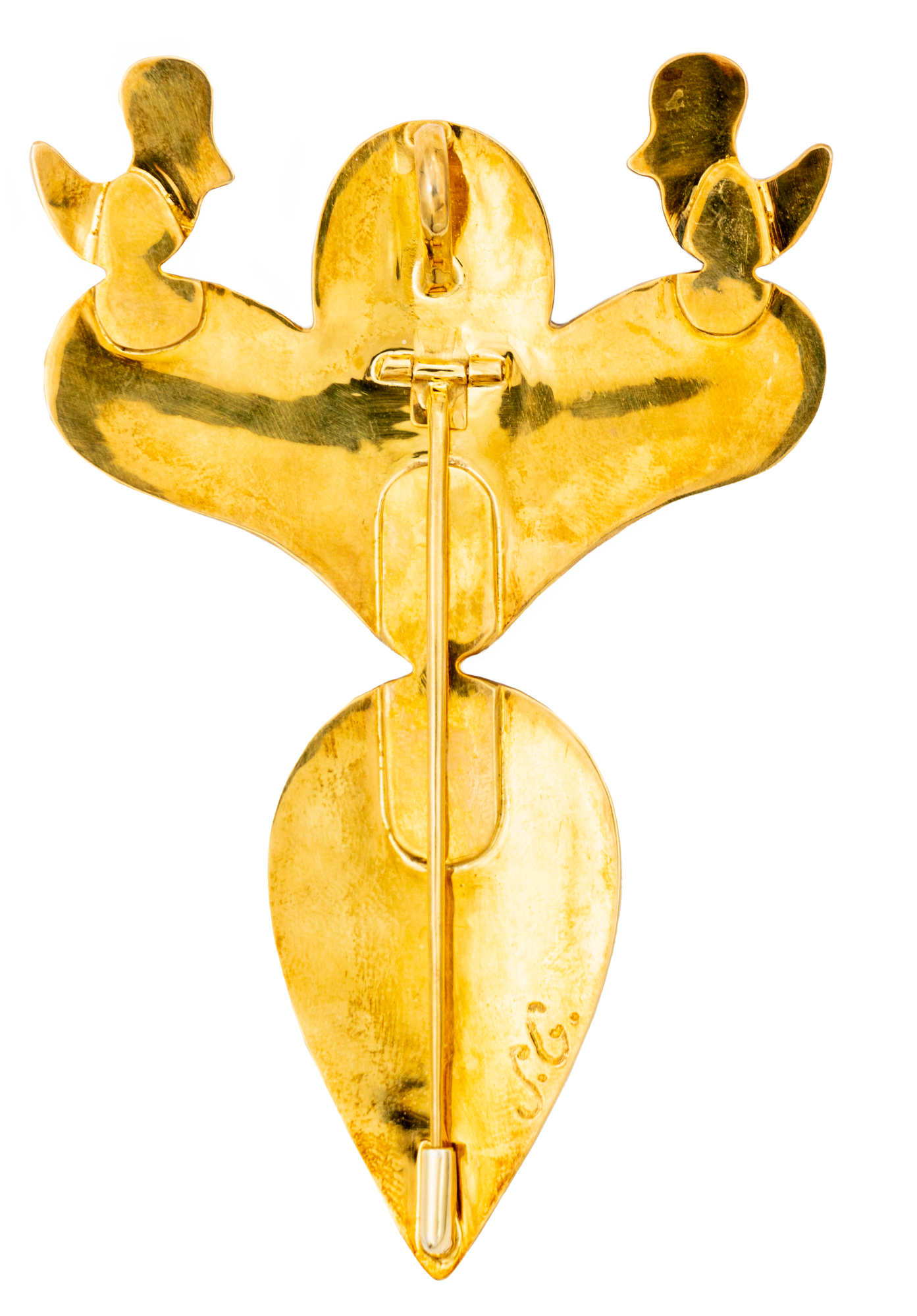 Bright gold backside of the broach pendant with a small clip.