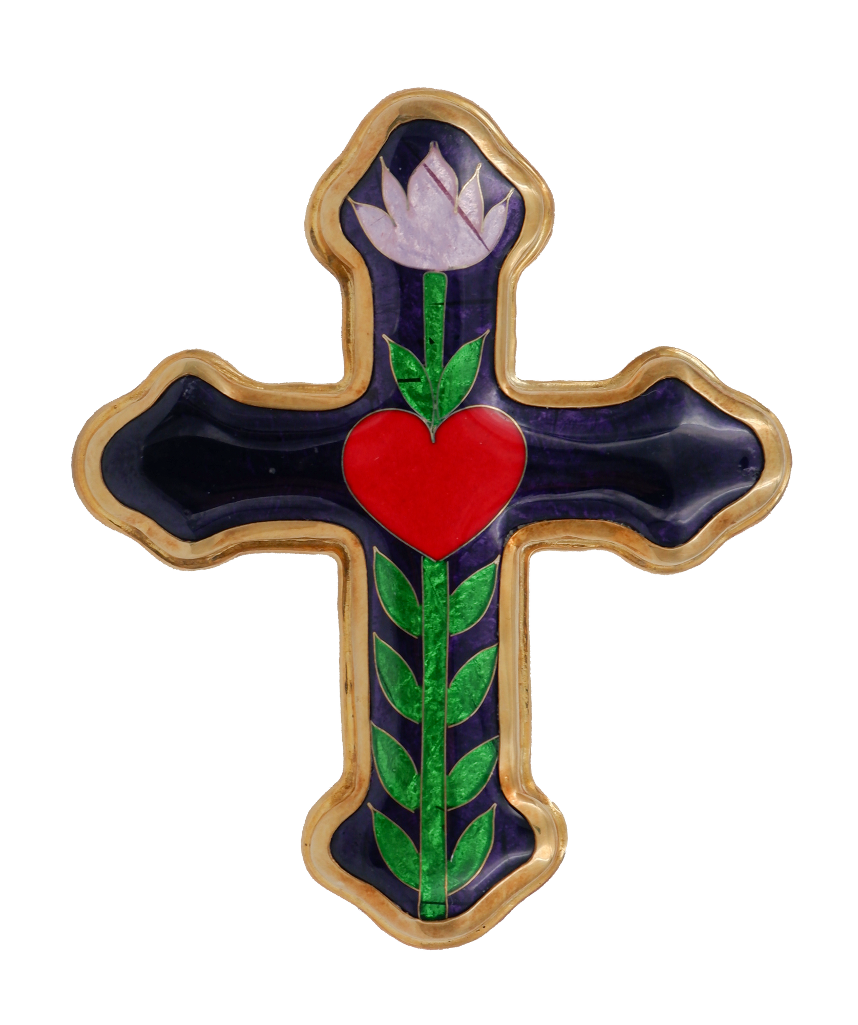 Christian-orthodox style cross with a navy blue backdrop and gold fine metal outline, centred in this ring pendant is a green cloisonné enameling flower steam, pink petals, and red heart.