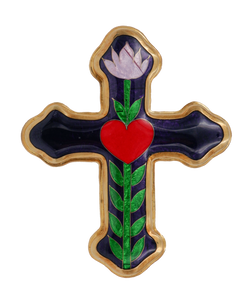 Christian-orthodox style cross with a navy blue backdrop and gold fine metal outline, centred in this ring pendant is a green cloisonné enameling flower steam, pink petals, and red heart.