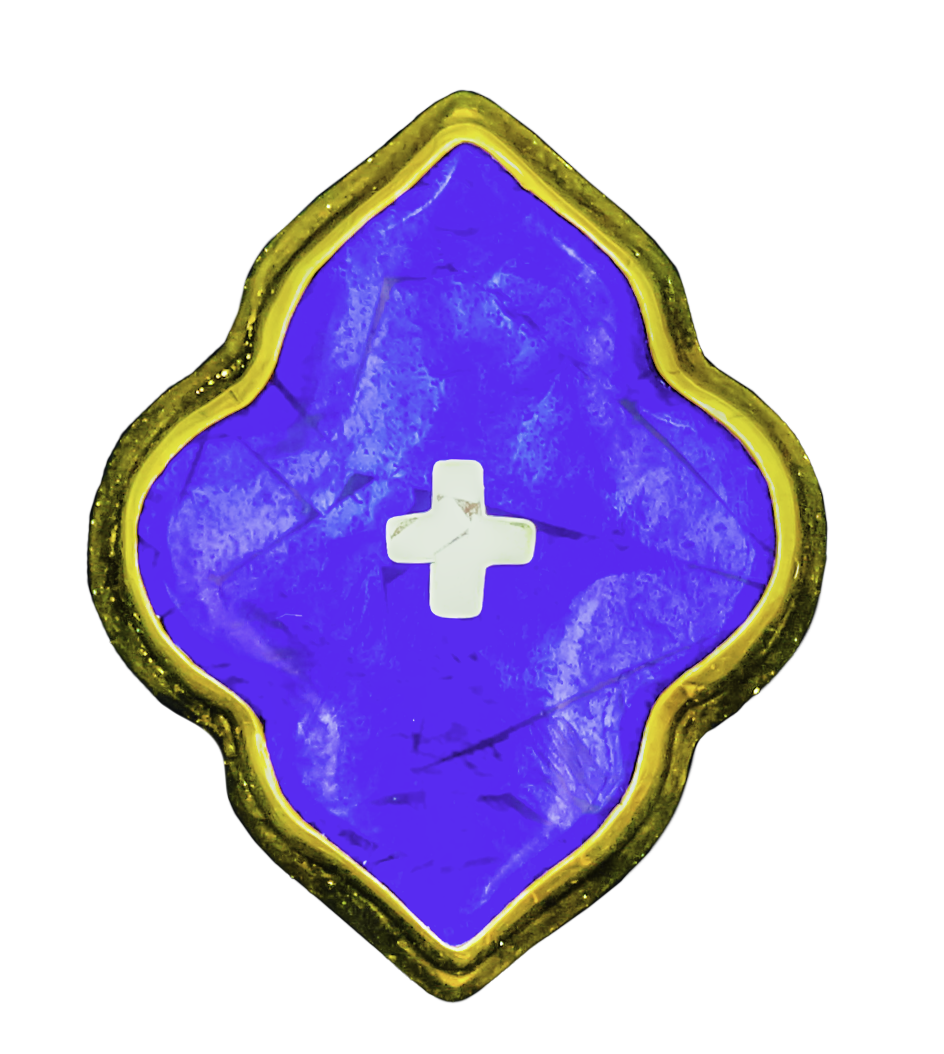 Golden ring with a deep blue surface on which sits, centred, a white cross.