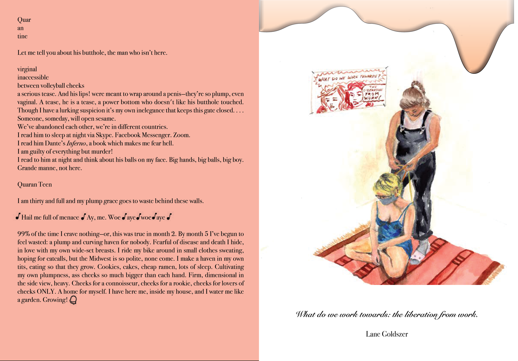 on the right a water color drawing of two women, on sits on the floor with her legs crossed. The other woman stands behind her tying a mask around the sitting woman's face. Both are on a red stripped carpet. On the left text in black fills the page on salmon pastel background