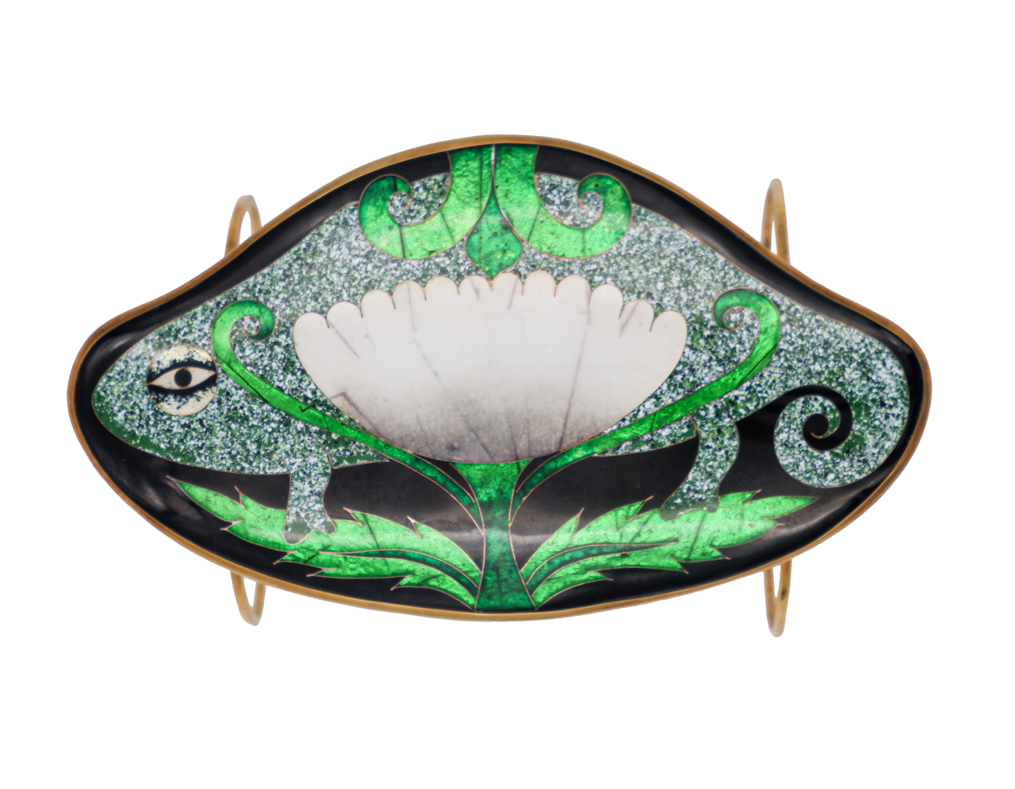 Bracelet pendant, nearly egg-shaped, with rounded curves that protrude to outline a white flower with bright green leaves done in a cloisonné enameling technique set against a detailed spotted backdrop next to an illustrated eye and outlined with gold metal.
