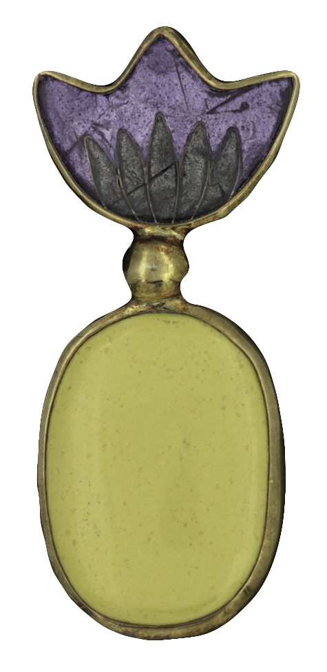 Pineapple shaped ring pendant made up of three parts: a yellow oval and blue and dark green leaf details both done in cloisonné enameling technique and encased in gold metal outlines, a golden metal ball conjoins the two parts. 