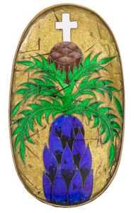 Egg-shaped ring pendant with gold backdrop, blue and black shaded palm wood, and bright green palm leaves that spurt outwards like a fountain with a white Christian cross and brown seed sitting on top, all done in the cloisonné enameling technique and encased with fine gold metal.
