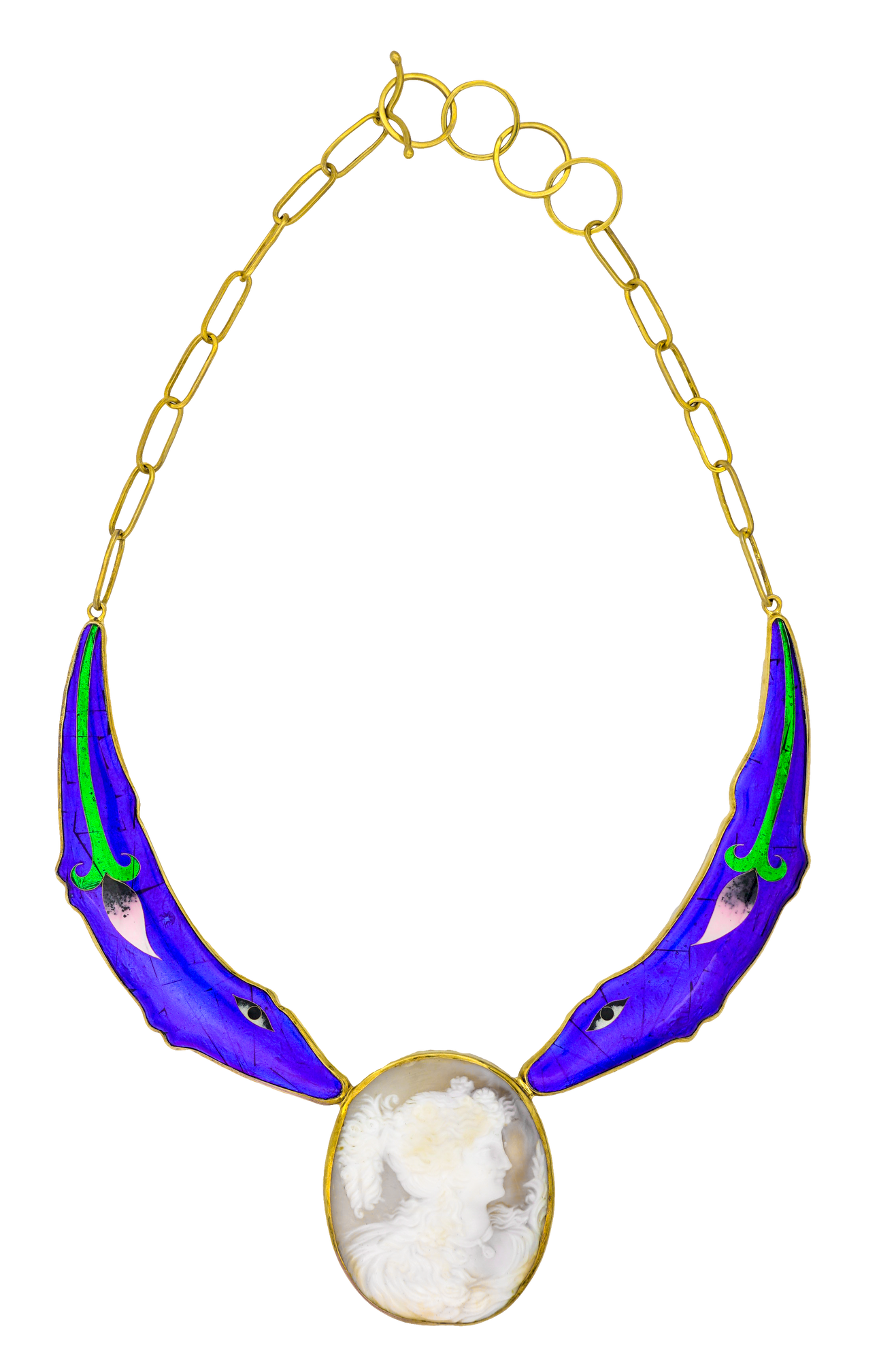 Chain-link necklace with two sapphire blue lizard-like creatures done in the cloisonné enamelling technique with a green stemmed, pink petaled flower on each. They are arranged to face a Cameo profile of an elegant figure in white on a beige cloudy backdrop – all outlined in fine gold metal.