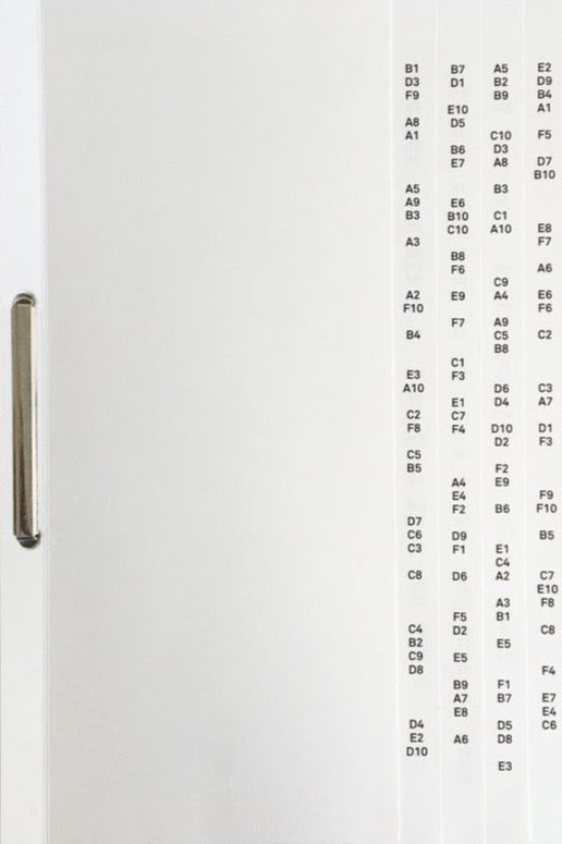 White page. Vertical numbers and letters on the left hand column of the page.