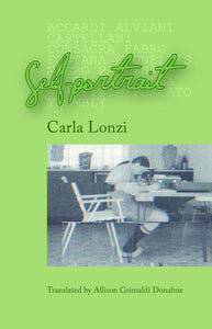 The limegreen cover of 'Self-portrait' shows a VHS image of a person by a desk, writing. It also depicts the title in handwriting with a drop-shadow as well as other smaller graphics in various typefaces.