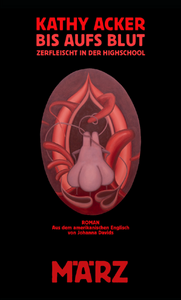 Book cover. Text and image on black background. On the top the name of the author and the title are written in three different shades of red, upper case, and sans-serif font. In the middle a drawing in different shades of red and purple of an seemingly organic figure evoking a mouth and vagina. On the bottom of the cover the name of the publisher in big upper case red sans serif font