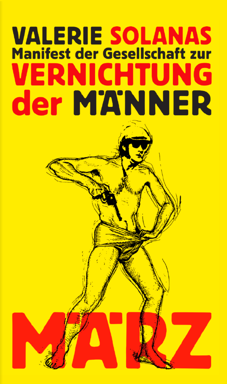Book cover. bright yellow background. On the top the name of the author in upper case, red and black, sans serif font. The title right under it int he same style. On the middle bottom a drawing of a man in briefs points a revolver to his groin. on the bottom the name of the publisher in red.